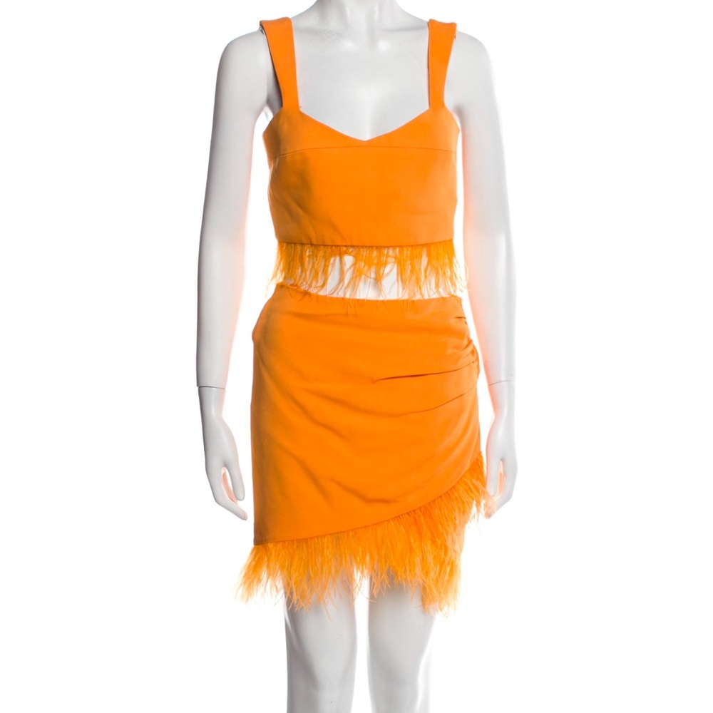Chic Orange Feather Trim Two-Piece Set